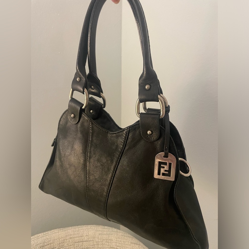 FENDI. Devil Trapezio Top Handle Calfskin Tote Shoulder Bag Black.